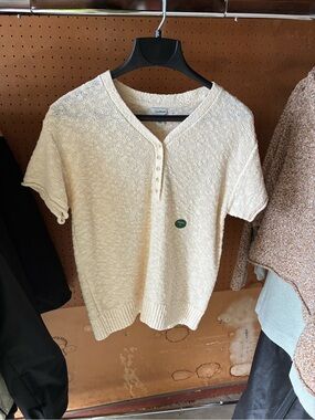 L.L.Bean Cream Short Sleeve Knit Henley Sweater